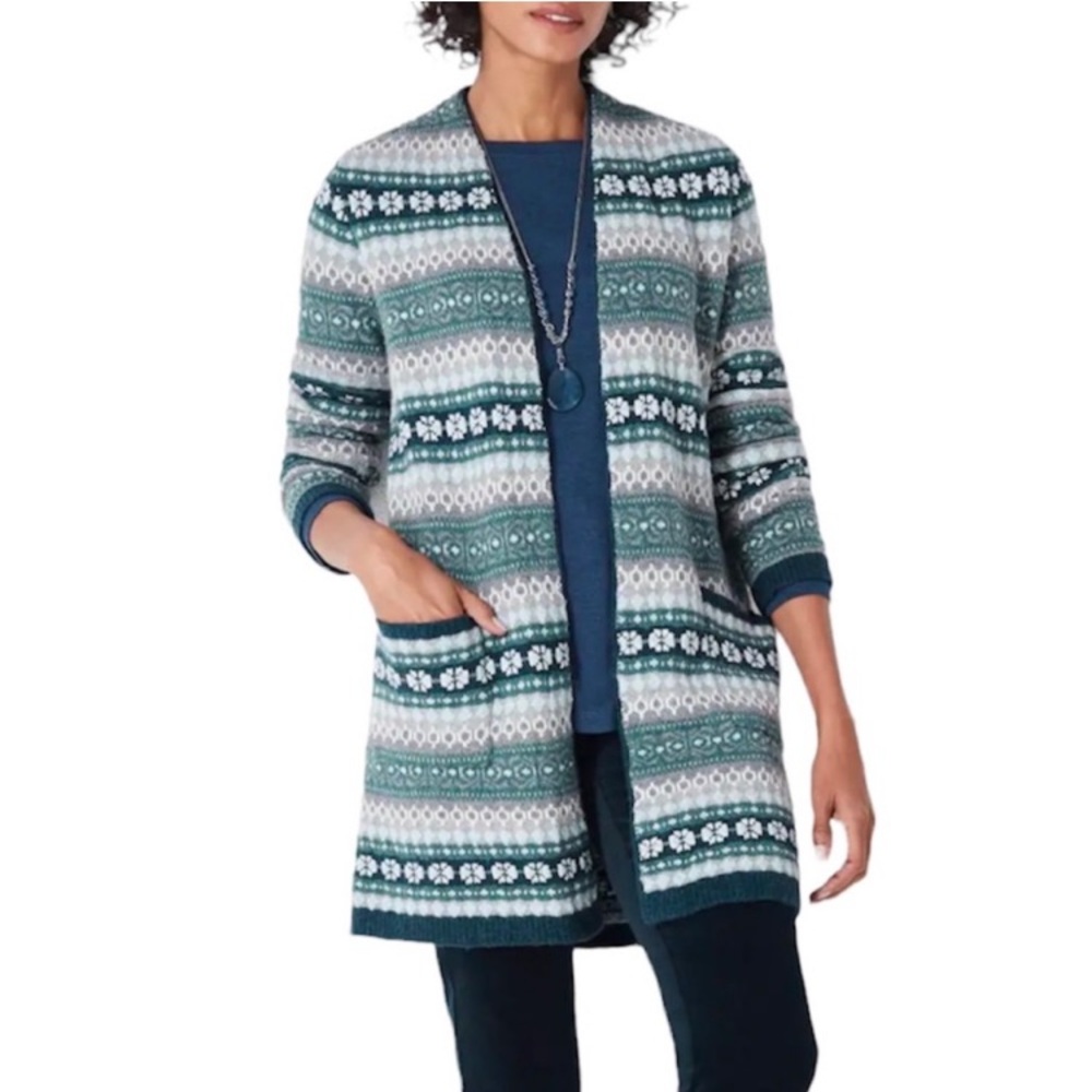 J. Jill Long Knit Cardigan Fair Isle Patch Pocket Open Front Duster Small Petite